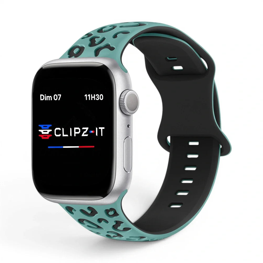 Bracelet Tigre Silicone imprimé vue de face couleur Menthe pour Apple Watch - Clipz-it