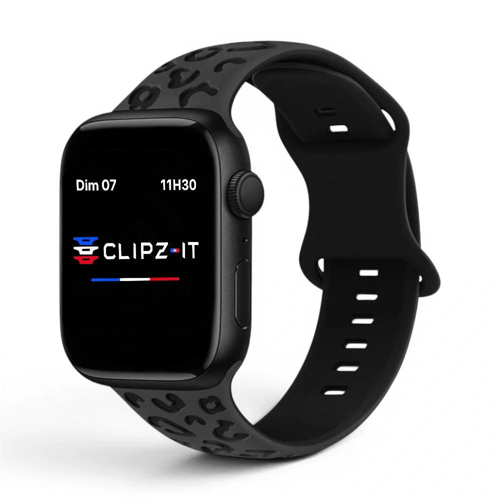 Bracelet Tigre Silicone imprimé vue de face couleur Noir pour Apple Watch - Clipz-it
