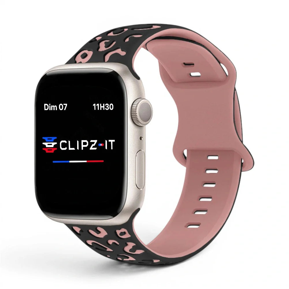 Bracelet Tigre Silicone imprimé vue de face couleur Rose pour Apple Watch - Clipz-it
