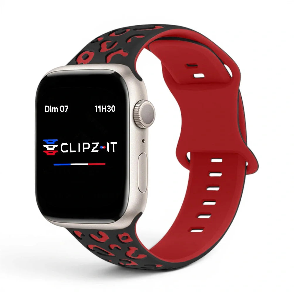 Bracelet Tigre Silicone imprimé vue de face couleur Rouge pour Apple Watch - Clipz-it