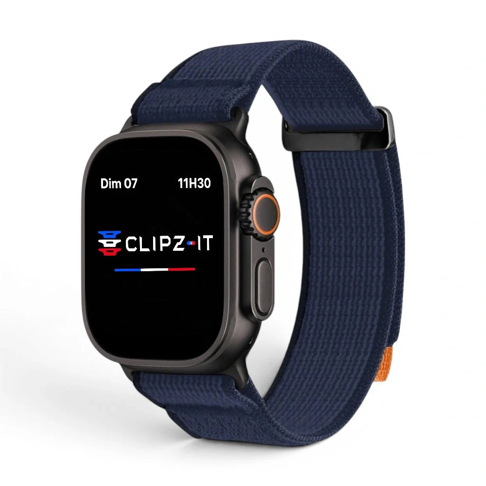 Bracelet Trek Nylon vue de face couleur Bleu pour Apple Watch - Clipz-it