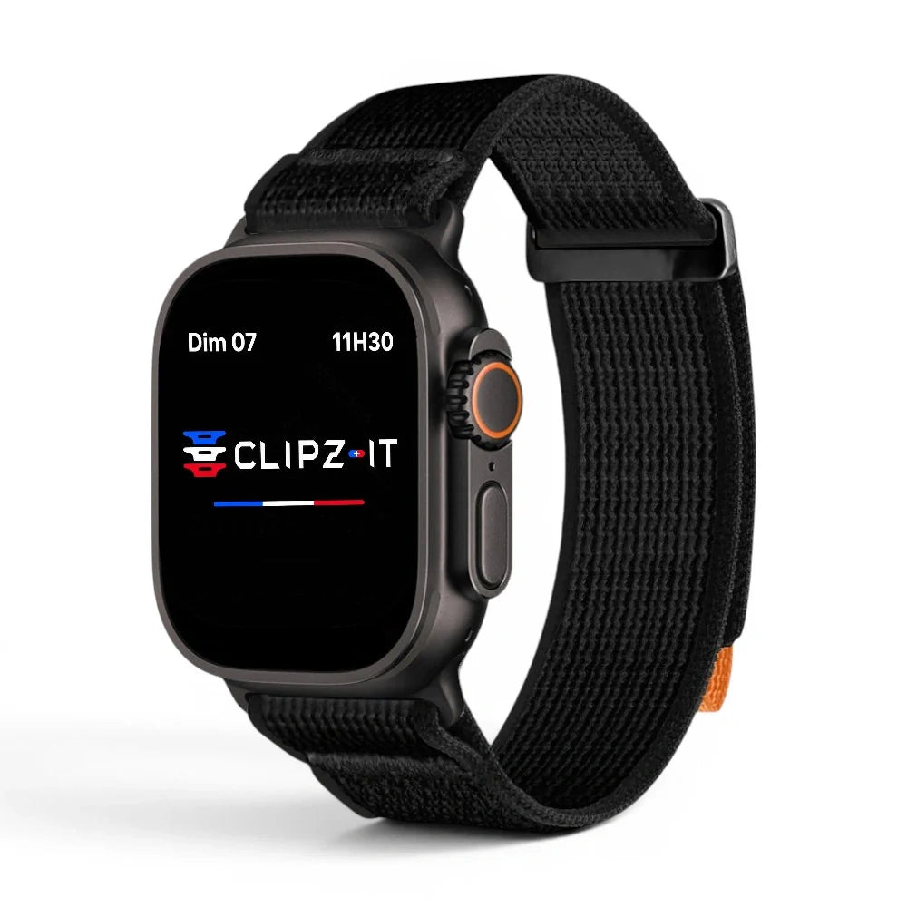 Bracelet Trek Nylon vue de face couleur Noir pour Apple Watch - Clipz-it