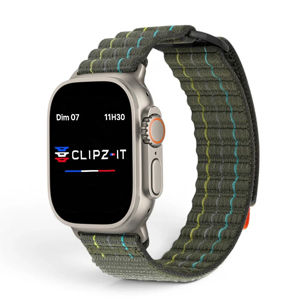 Bracelet Trekker nylon outdoor couleur vert-militaire pour Apple Watch - Clipz-it