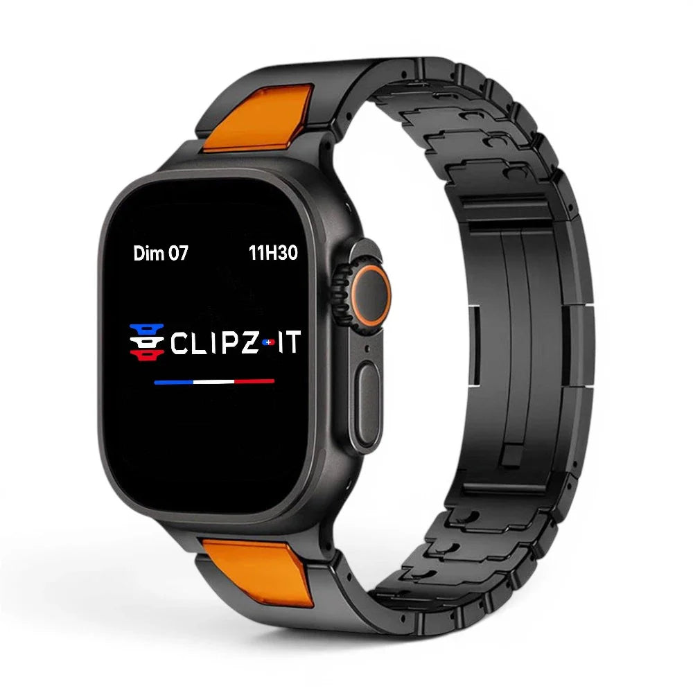 Bracelet Warden acier inoxydable couleur noir-et-orange pour Apple Watch - Clipz-it