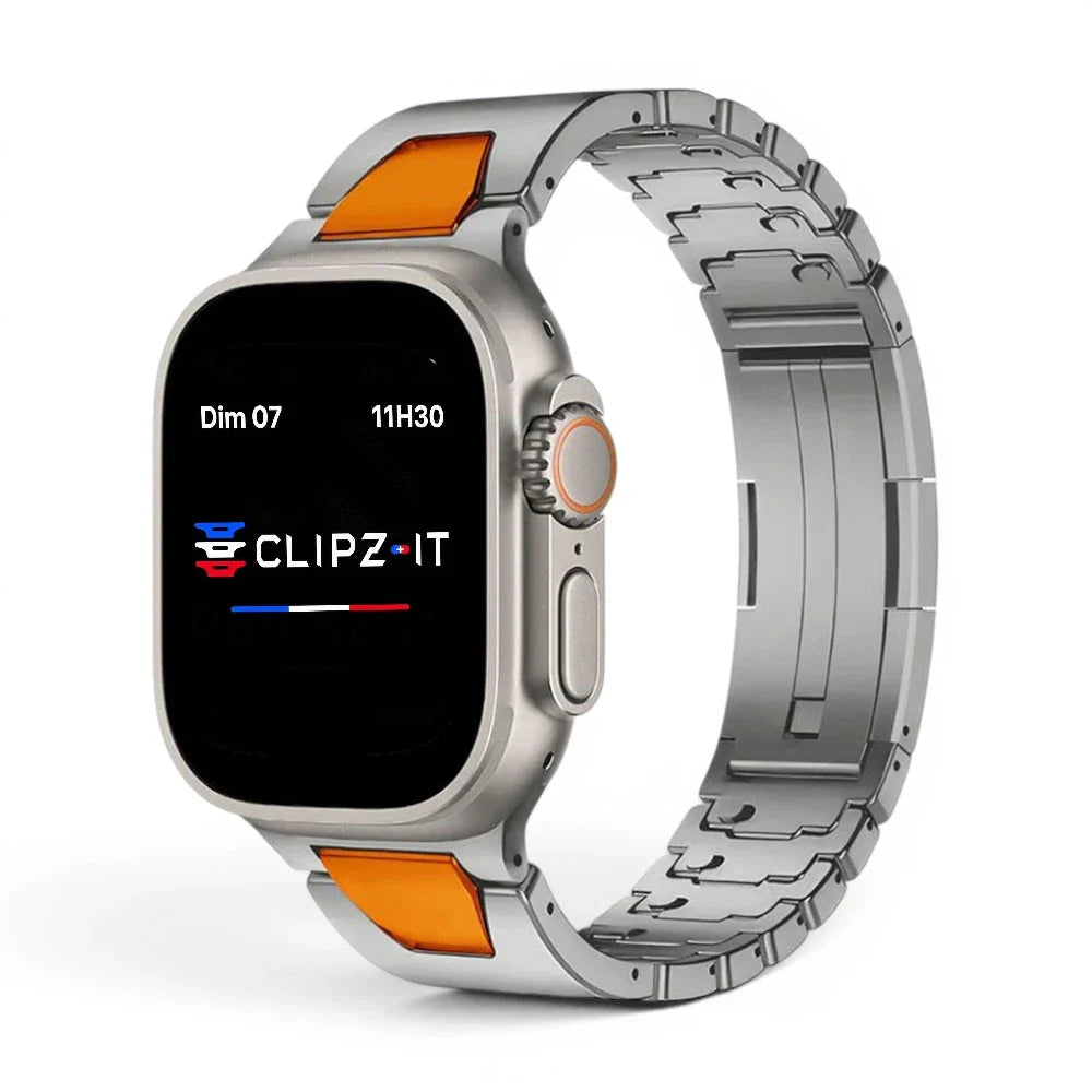 Bracelet Warden acier inoxydable couleur titane-et-orange pour Apple Watch - Clipz-it