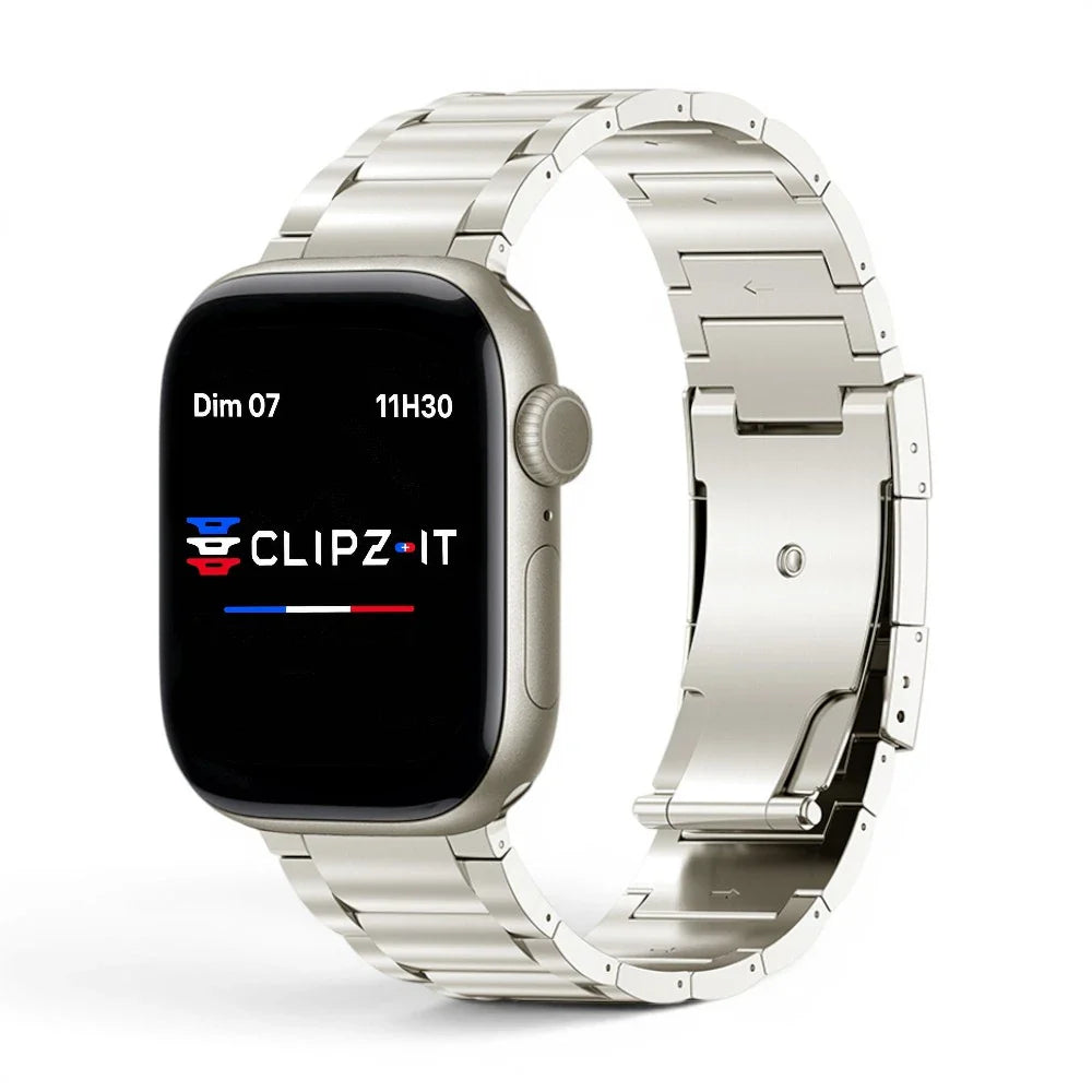 Bracelet Zenith titane maillons couleur lumiere-stellaire pour Apple Watch - Clipz-it