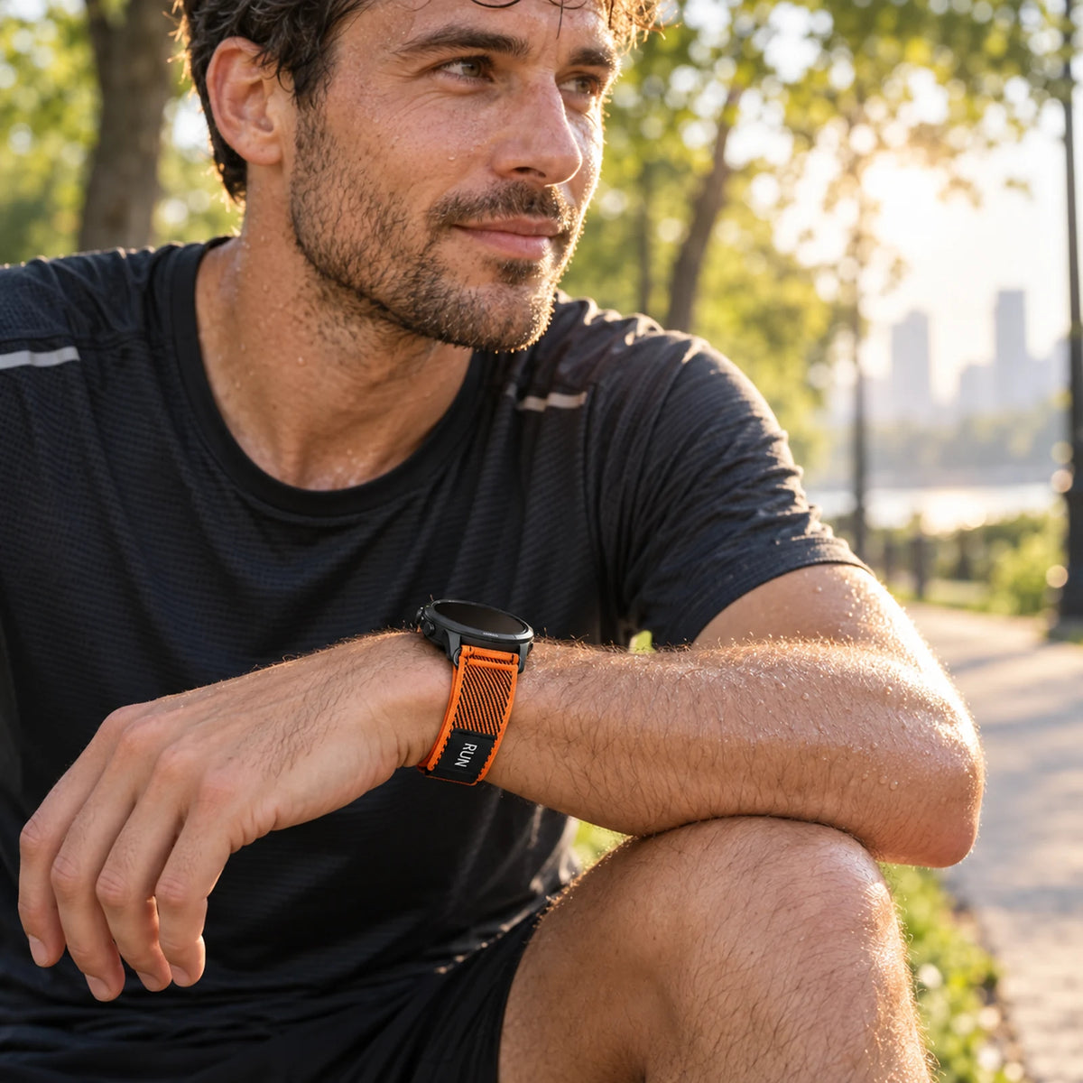 Coureur portant le bracelet Pace orange en nylon extensible sur une montre Garmin Image